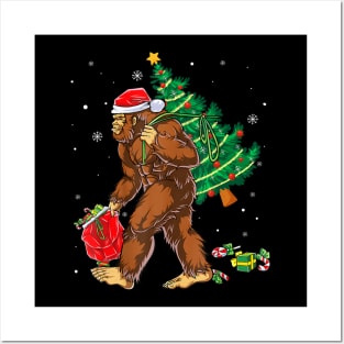 Bigfoot Carrying Christmas Tree Sasquatch Believer Posters and Art